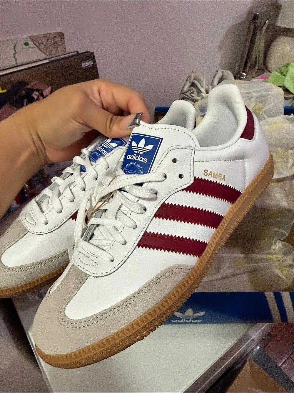 adidas Samba Sneakers in White & burgundy